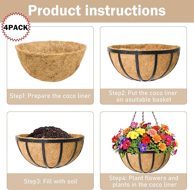 4 Pack 12 inch Metal Hanging Planters Basket Set Round Wire Plant Holder with Coco Fiber Liners Chain Indoor Outdoor Hanging Baskets for Garden Balcony Patio Deck Porch Vegetables Flower Plants