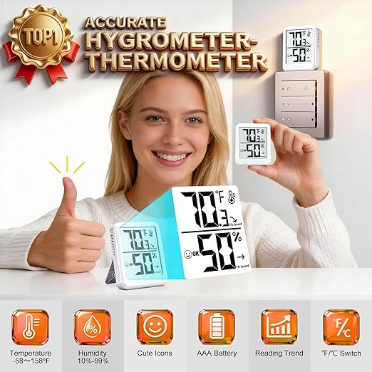 2-Pack Room Thermometer Indoor Hygrometer for Home, Temperature Humidity Meter, Humidity Gauge, Digital Room Temperature Monitor Sensor for Baby Nursery Car Plant - AAA Battery Included
