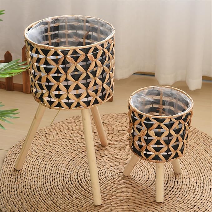 Woven Planter Baskets with Plastics Lining and 3 Wooden Legs, Wicker Planter Basket,Boho-Plant Pot with Stand,Plant Baskets Indoor with Liner for Plant, Flowers, Toy, Country Farmhouse