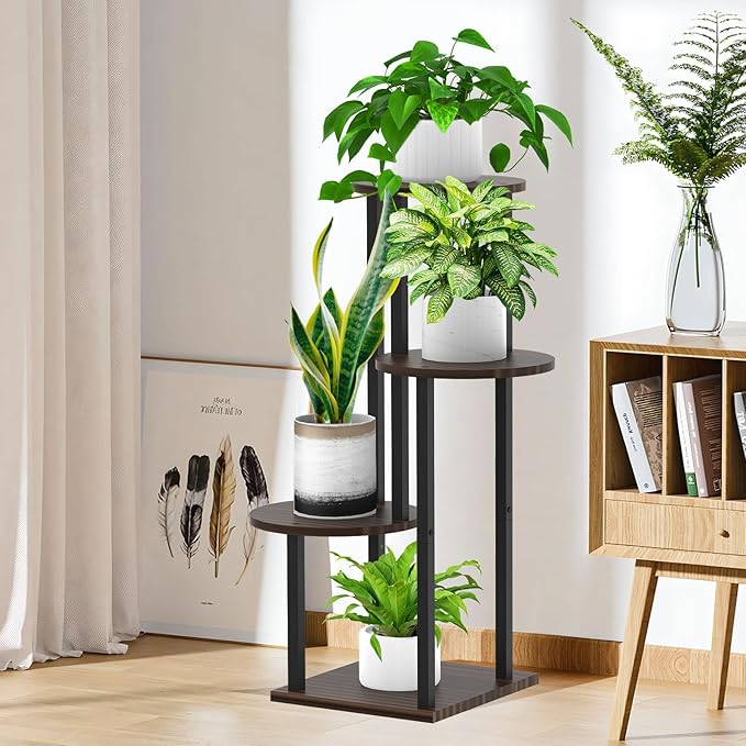 4 Tier Wood Tall Plant Stand Metal Rack Indoor, Multiple Flower Pot Holder Shelves Corner Rack, Round Planter Shelf Display Rack Storage Organizer for Patio Living Room Balcony(Black+Oak)