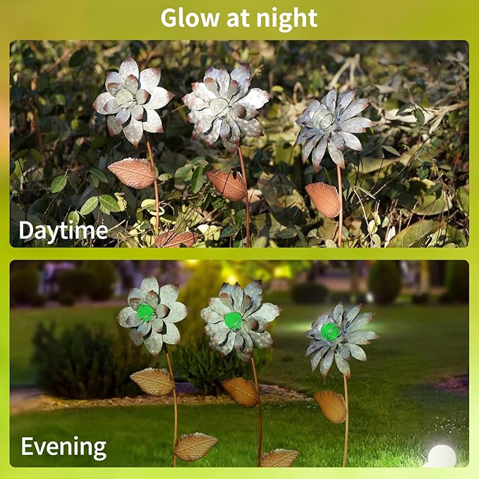 Garden Stakes Decorative, Metal Flowers for Outside, Glow in Dark Yard Lawn Ornaments Plant Pot Flower Bed Decor, Patio, Set of 3, Gold Flower