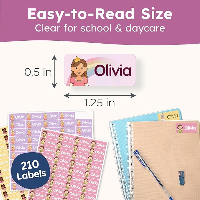 Personalized Name Labels for Kids (210 Labels) - Durable & Waterproof Custom Name Stickers for Clothing Tags, School Supplies, Camp & Daycare - Prince & Princess (1.2”x0.5”)