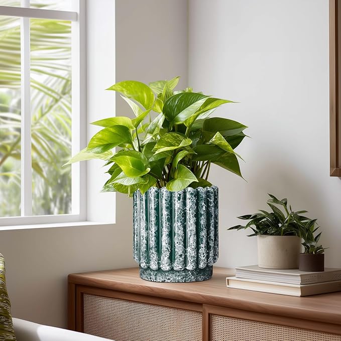 Ceramicfor Ceramic Flower Pots 7.6 Inch - Ceramic Planters for Indoor Outdoor Plants, Decorative Plant Pot with Drainage Hole, Round Fluted Planter, Home Room Decor, Housewarming Gifts, Green