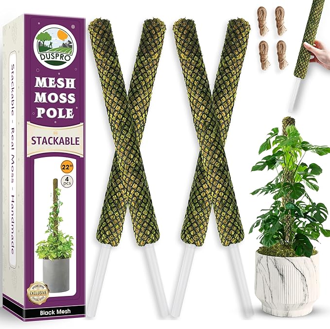 DUSPRO 4 Pack 22" Black Stackable Mesh Moss Pole for Plants – Extendable Up to 71", Natural Forest Moss Pole Monstera Plant Support, Moss Stick for Climbing Plants, Indoor Plant Stakes Accessories