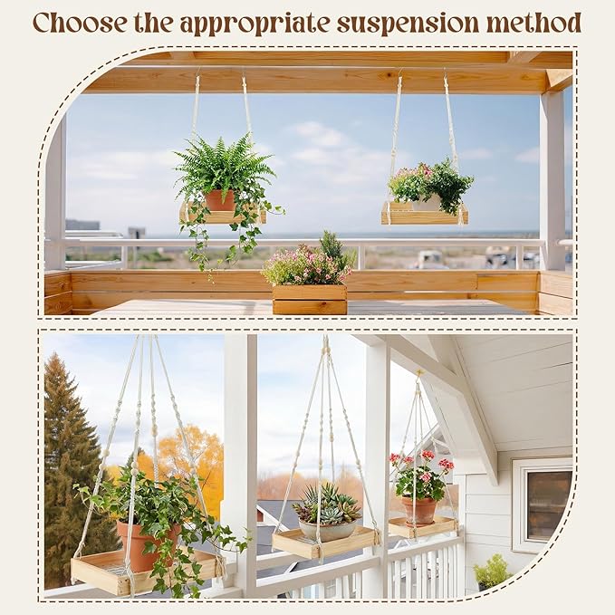 Novabright 1 Pcs Window Hanging Plant Shelf with Macrame Adjustable Rope, 16" Large Wooden Plant Hanger Indoor with Metal Frame, Load 50lb, Suit for Window Ceiling Wall Mount Boho Decor