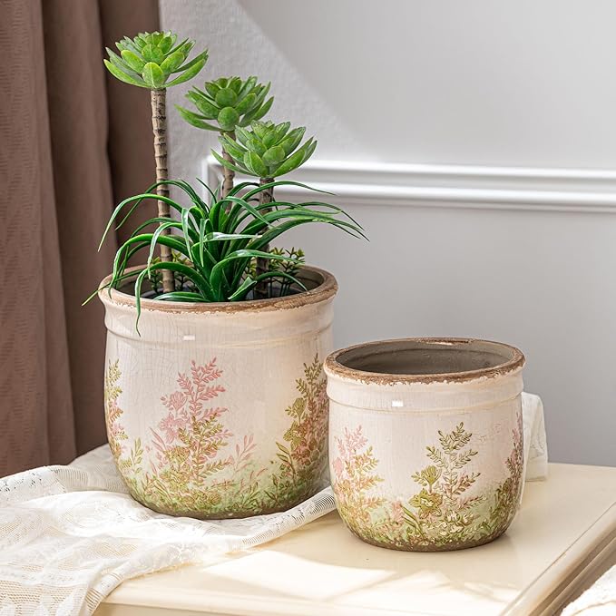 SURE YUESI Vintage Pink & Green Ceramic Planter Set of 2, 4.7” & 5.7” Rustic Flower Pots for Indoor Plants, Decorative Home & Garden Plant Pots