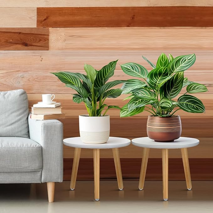 Briwooody 2 Pcs Wood Plant Stands Indoor Wooden Stool for Plants Mid Century Vintage Modern Flower Pots Holder Round Side Table End Table Plant Stools for Living Room Corner Balcony Decor