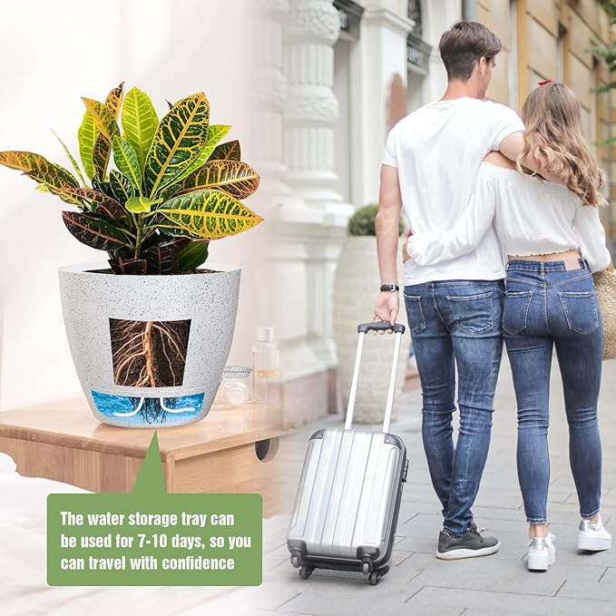 UOUZ Large Self Watering Pots, 12/10/9 Plastic Planters with High Drainage Holes and Deep Reservoir for Indoor Outdoor Garden Plants and Flowers, White Speckles