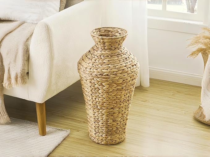 Natural Water Hyacinth Floor Vase, 22 Inch Tall Large Woven Basket for Dried Flowers, Boho Decorative Planter for Living Room, Farmhouse Entryway Home Decor,Bohemian vase