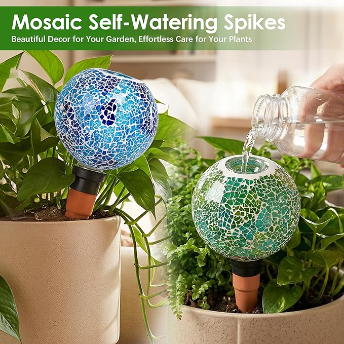 Terracotta Watering Spikes Mosaic Plant Watering Globes for Outdoor Plants 2 Pack Automatic Plant Waterer Indoor for Pots Garden Office