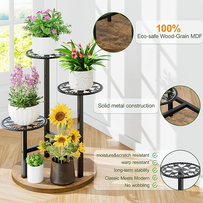 3 Tiered Tall Plant Stand, Tall Metal Wood Shelf Holder for Indoor Outdoor, Tiered Flower Stand for Corner Patio Balcony Porch Garden Living Room House