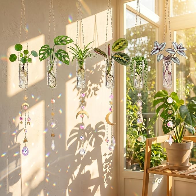 6 Pcs Plant Propagation Station Colorful Crystal Suncatcher, Handmade Boho Rooting Vase, Hanging Window Plant Propagator Stations Suncatcher with Chain Pendant Ornament Balls
