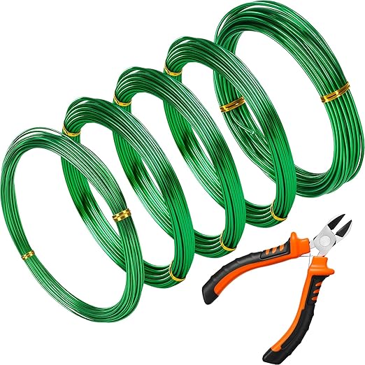 Mudder 5 Roll Aluminum Bonsai Training Wire Tree 160 Feet Total with Bonsai Wire Cutter Anodized Training for Holding Branches Small Trunks(1/1.5/2.0mm,Green)
