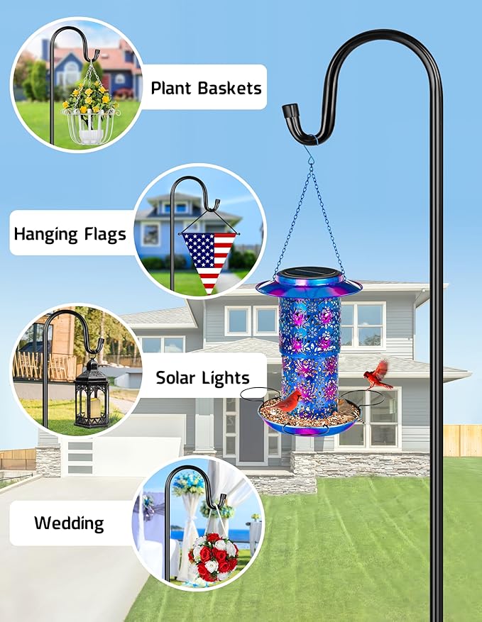 XDW-GIFTS Bird Feeder Pole for Outdoor, 45 Inch Shepherds Hooks Heavy Duty Garden Pole for Hanging Plant Basket, Solar Light Lanterns, Garden Plant Hanger Stands with 5 Base Prongs