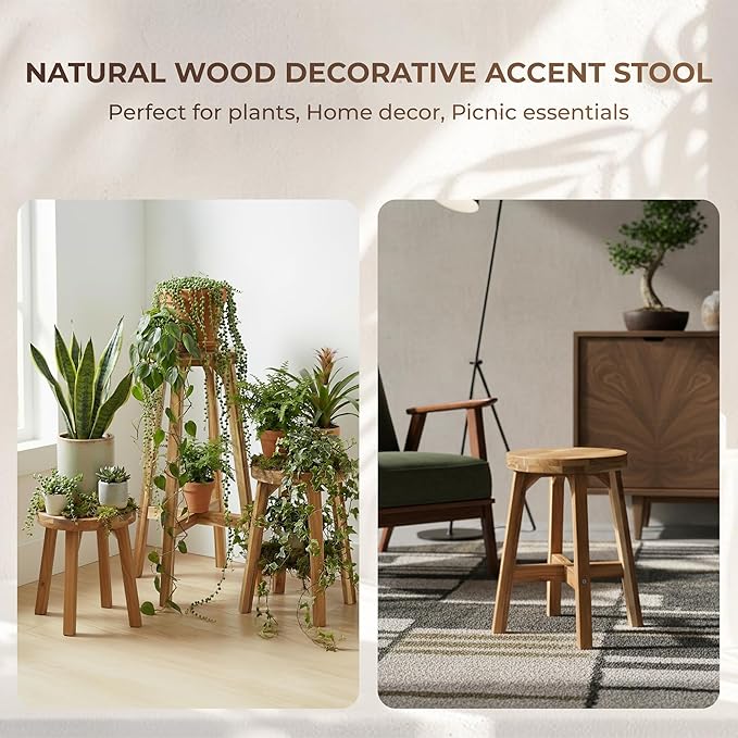 ARROWSTONE Round Stool Acacia Wood, 18" Height, 11'' Round Top, Backless, Easy Assembly, Natural Wax Finish, Wooden Stool for Plant, Dining Room, Kitchen Counter, Makeup