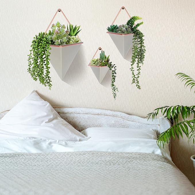 Rtteri 15 PCS Gray Wall Hanging Planter Set with Artificial Succulents, 3 Ceramic Geometric Wall Planters in 3 Sizes, Modern Indoor Decor for Living Room Bathroom Office