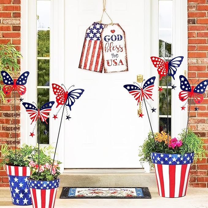 6 Pcs 4th of July Decorations Outdoor,18.2" Red White Blue Metal Butterfly Decorative Garden Stakes for Independence Day,Americana Patriotic Yard Signs Decor for Garden Lawn Porch