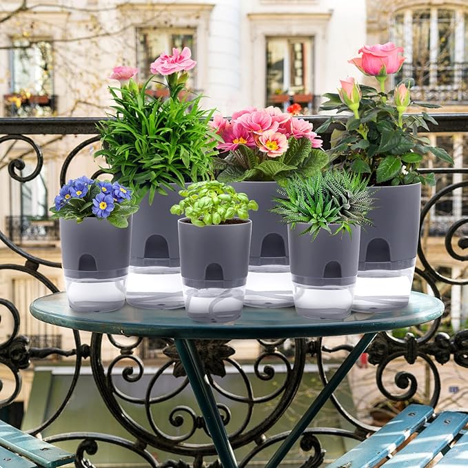 Aulock 6 pcs Self Watering Plant Pots - 4.1/3.2 in Plastic Planter with Drainage Holes, Flower Pots for African Violet, Mini Indoor Plants, Succulents, Herbs, Cactus, Basil, Grey