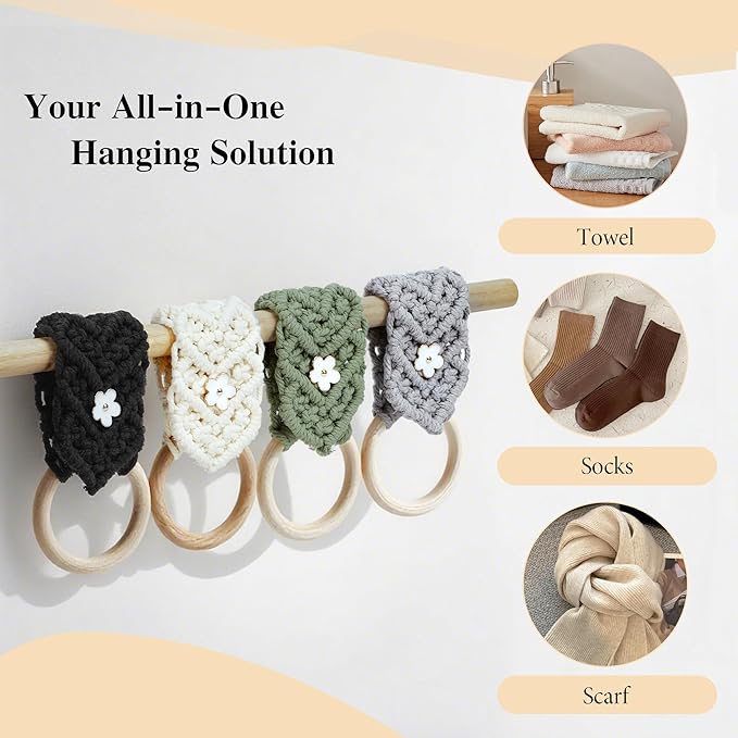 BROWNLILY 4 Pcs Handmade Crochet Towel Holder with Unique Flower Button for Bathroom, Hanging Towel Rack for Kitchen, Macrame Towel Hanger Over The Cabinet Oven Stove Door - Single Ring