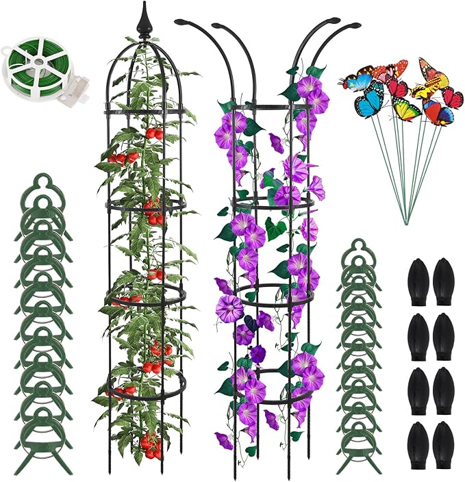 WellSign Obelisk Trellis for Climbing Plants Outdoor 6.6ft, Garden Tower Trellis for Potted Plants Indoor with Twist Tie, Clips and Butterflies Rustproof Coated Metal Support for Vines Rose 2Pack