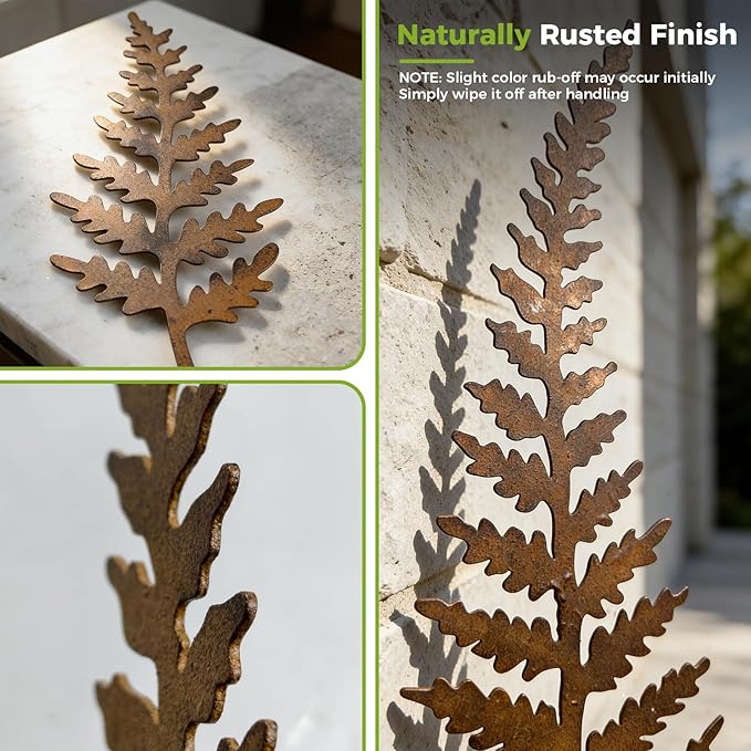 KODIBO 7-Pack Decorative Garden Stakes, Mixed Size Metal Fern Stakes, Rusty Metal Flowers Wall Decor, Yard Ornaments Outdoor and Garden Decorations, Flower Bed Lawn Yard Courtyard Decor