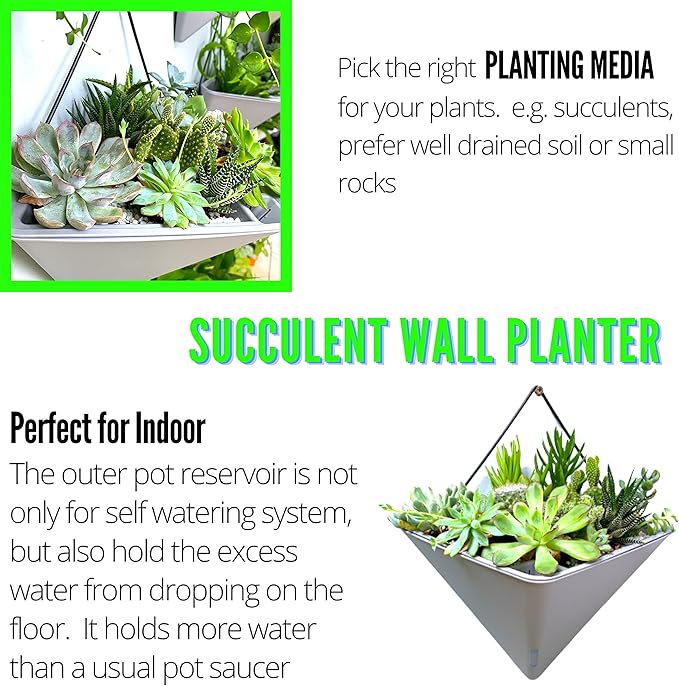 LaLaGreen Wall Planters - 4 Pack, 12 Inch Large Self Watering White and Gray Mixed Color Geometric Indoor Vertical Garden Plant Wall Hanging Flower Vase Vessel with Black Metal Hanger Modern Stylish