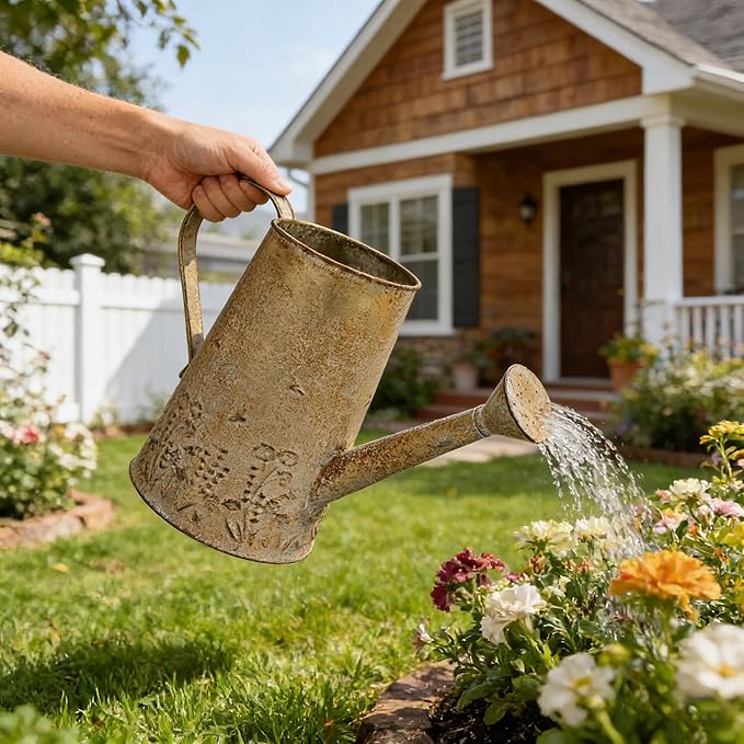 Vintage Distressed Gold Flower & Garden Watering Can, Decorative Metal Watering Pot Planter for Home Patio Backyard Outdoor Plant Care, Rustic Farmhouse Home Decor Accent