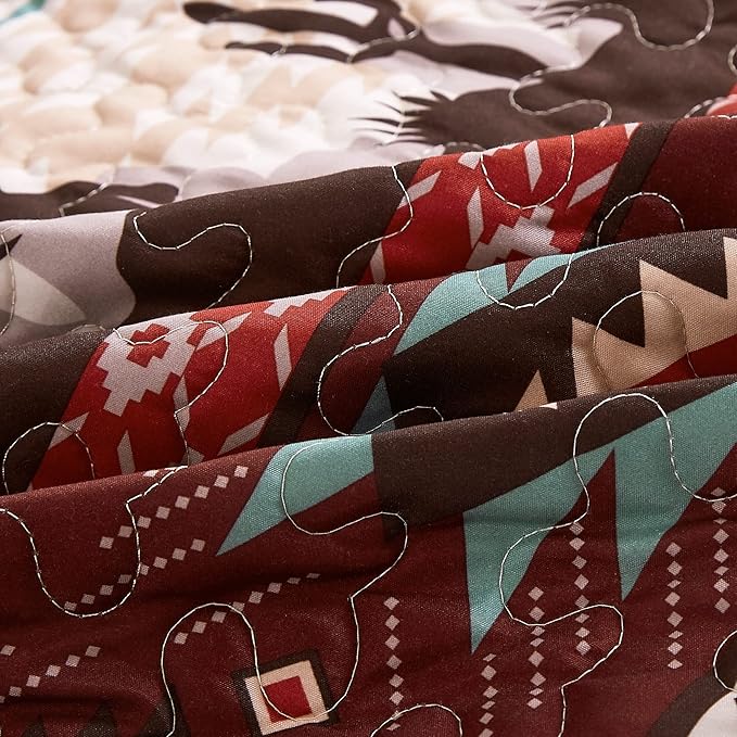 Chezmoi Collection Dune 2-Piece Southwestern Cowboys Aztec Quilt Set - Multicolor Teal Brown Beige Tan Red Printed Microfiber Bedspread Set, Twin (70" x 90")