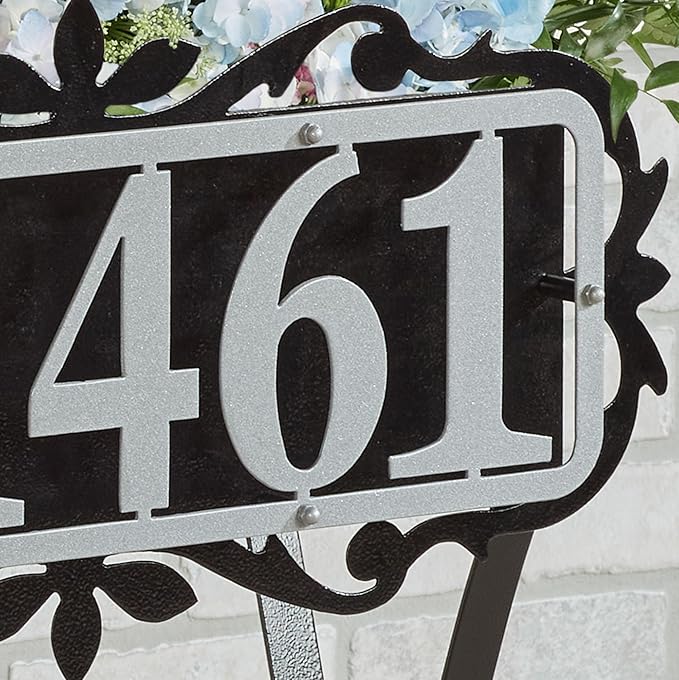 Floret Personalized Metal Planter Stand | Indoor, Porch, Patio, or Outdoor Use | Custom Family Last Name or House Address Numbers | Silver and Black Durable Finish | Raised Planter Stand