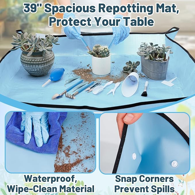 20pcs Small Gardening Tools Gifts for Women Beginners - Garden Hand Tools Set for Indoor Succulent Bonsai Plants Transplanting, Included 39.4" Plant Repotting Mat/Miniature Shovel/Labels, Blue