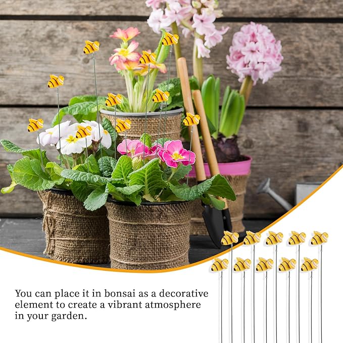 10PCS Bee Garden Stakes Decor Small Bees Yard Decor Metal Garden Stakes Honey Bee Decors Spring Summer Resin Bumble Bees Gardens Stake for Lawn Corridor Plant Pot Pathway Flower Bed