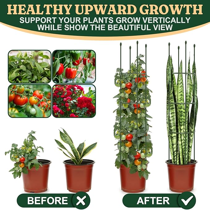 Round Heavy Duty Tomato Cage - 55 Inch Steel Core Plastic Coated Garden Trellis, 4-Post Rustproof Plant Support for Tomato/Cucumber/Beans, No Tools Snap Assembly, Spare Parts Available 1PS