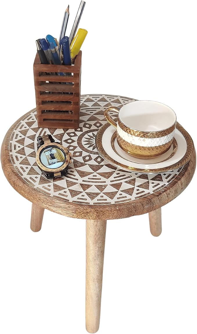 VANIYA CRAFTS® Wooden Engraved Fold-able Round End Table/Side Table/Plant Stand/Stool for Living Room Bedroom Restaurant Kids Play Furniture Table Round Shape (Natural White 5)