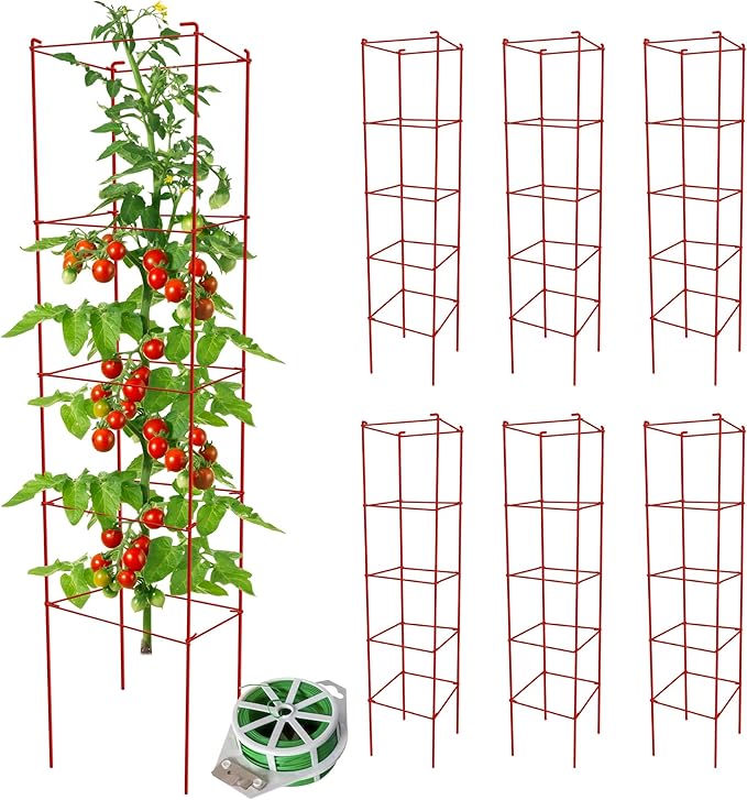 Thealyn Tomato Cages 6 Packs 57 Inches (H) Plant Stand with 164 Feet Twist Ties, Heavy Duty Garden Plants Support for Tomatoes, Cucumber, and Other Climbing Plants (Red)