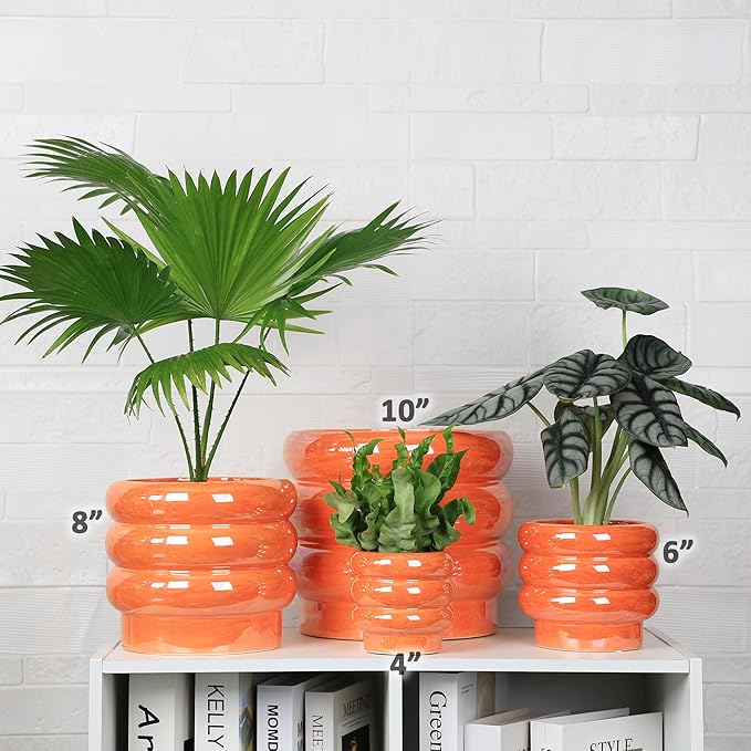 7.8 Inch Ceramic Plant Pots for Indoor Plants, Rainbow Pearl Glaze Planter with Planters for Plants with Drainage Hole, Orchid Pots, Succulent Pot, Flower Pot (Orange)