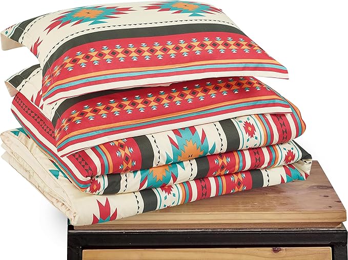 Chezmoi Collection 3-Piece Southwestern Geometric Tribal Multicolor Cream Red Teal Orange Comforter Set, Queen Size