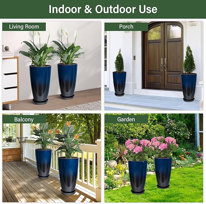 Neoaider Set of 2 Lightweight Ceramic-Look Tall Planter, 21 inch Large Plastic Planter with Drain Hole & Saucers, Large Outdoor Planters for Porch, Garden, Patio, Balcony(Dark Blue)