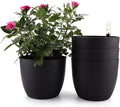 T4U 7 Inch Plastic Self Watering Planter with Water Level Indicator Black Set of 4, Modern Decorative Planter Pot for All House Plants, Flowers, Herbs, African Violets, Succulents