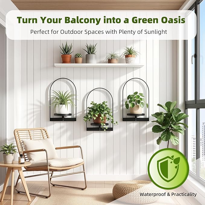 3 Pack Wall Plant Holder for Indoor Plants, Metal Wall Mounted Plant Shelf for Small Pots, Modern Arch Hanging Wall Planter Display with Hooks, Plant Frame Wall Decor for Living Room, Bedroom, Black