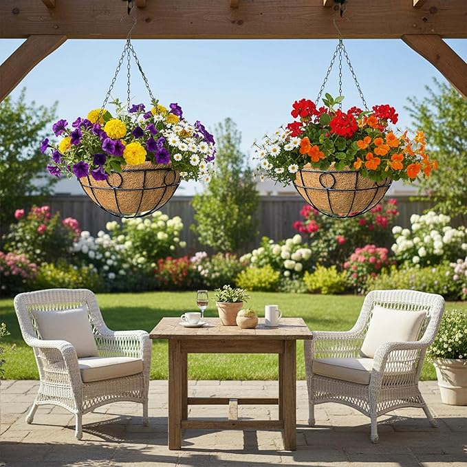 2 Pack 12 inch Black Round Metal Wire Hanging Planter Basket Outdoor Hanging Baskets Indoor with Coco Liner Pot Plant Holder for Home Garden Balcony Decor