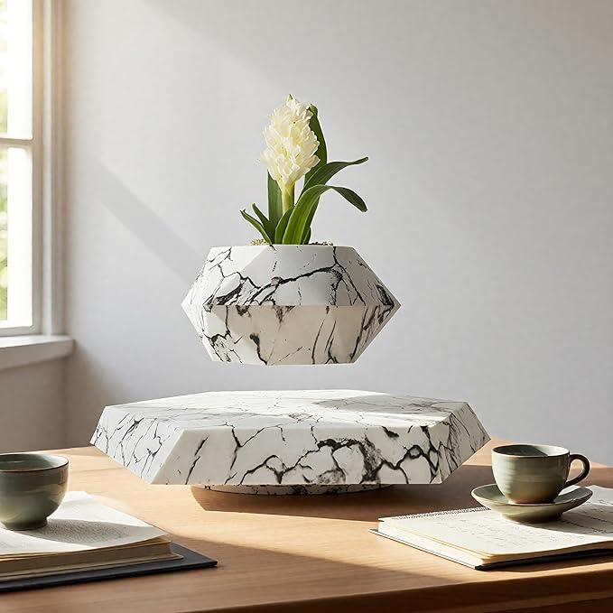 Marble Nursery Pot - Floating Planter for Succulents, Indoor Decor, 360° Sunlight Exposure (9.45 x 9.85 x 7.09 inches)