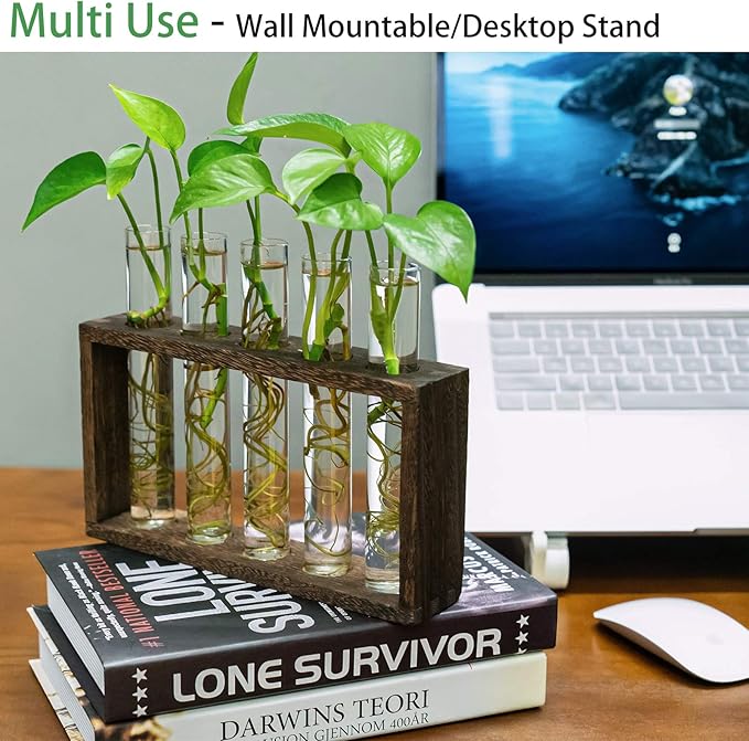 Kingbuy Wall Propagation Station with 5 Test Tube Vases - Vintage Wood Stand Wall Hanging Planter for Plants, Tabletop Terrarium Windowsill Decor Kitchen Herb Garden Accessory, Brown