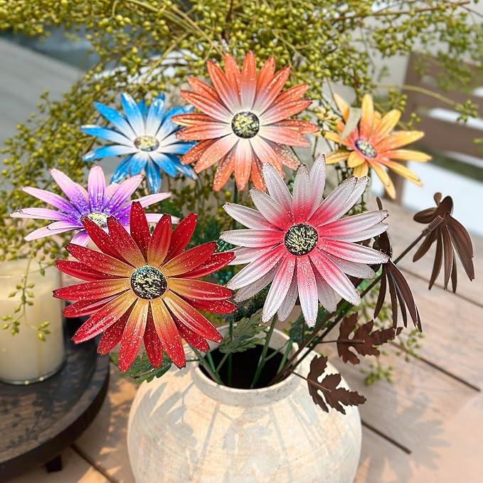 Metal Flowers for Outside, 8 Pack Decorative Garden Stakes with Spring Design, 16.5 Inch Handmade Iron Outdoor Metal Garden Decor, Flickering Daisy Yard Art for Patio Lawn
