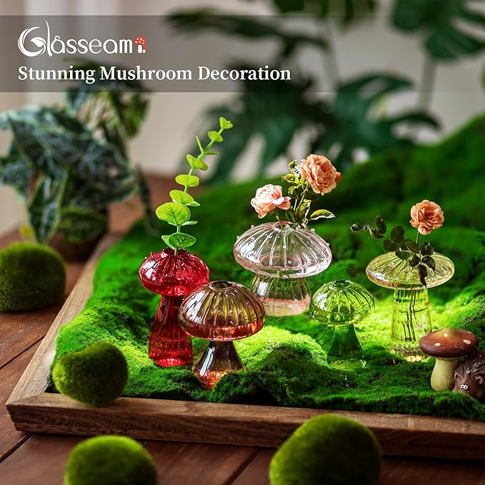 Glasseam Mushroom Flower Bud Vases: Set of 5 Cute Colored Glass Small Vase for Flowers, Unique Aesthetic Decorative Vases for Home Decor, Hydroponic Plant Vase Indoor for Dining Room Centerpieces