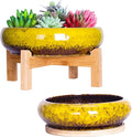 Succulent Pots, Large Succulent Planter with Stand, 7.3/10 Inch Bonsai Planters with Drainage Trays Ceramic Pot for Indoor Cactus Flower Plants Set of 2