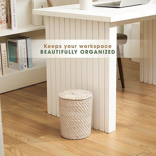 84ECO White Wicker Trash Can with Lid and Liner - Rattan Trash Can