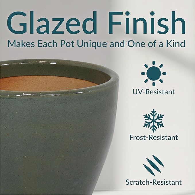 Sunnydaze Resort Round Ceramic Planter - Set of 2 Indoor or Outdoor Plant Pots with Drainage Hole - 10" - Gray