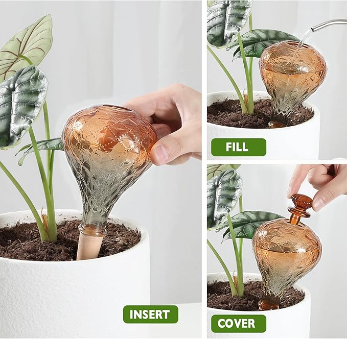 12 oz Plant Watering Globes, Red Glass Self Watering Bulbs Top Fill with Terracotta Spikes Stake, Self Watering Planter Insert Vacation Automatic Plant Waterer Device for Indoor & Outdoor