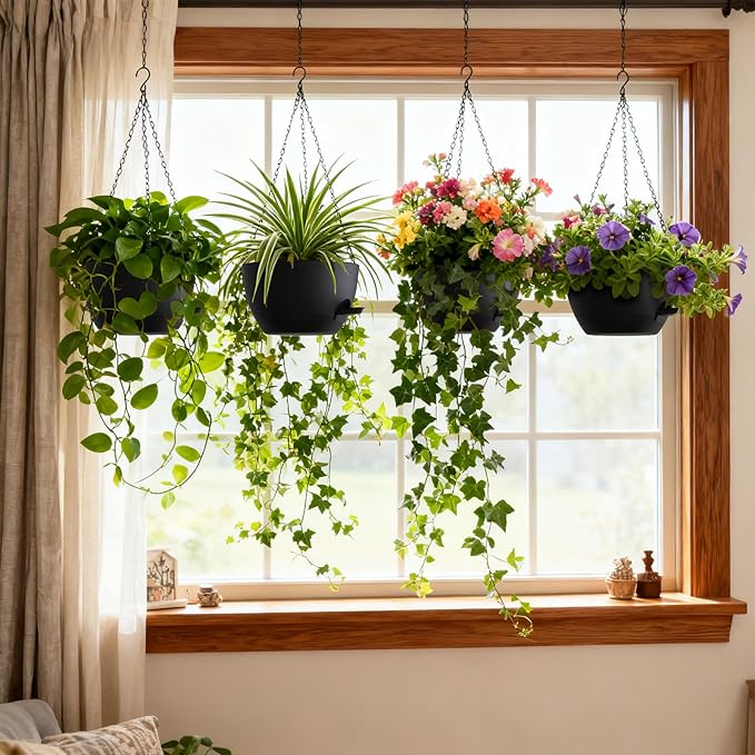 UOUZ 4 Pack 8 Inch Self Watering Hanging Planters for Indoor Outdoor Plants，Hanging Pots for Plants with Drainage Removable Tray, Hanging Baskets Flower Pots for Ivy Pothos Spider Garden Porch Black