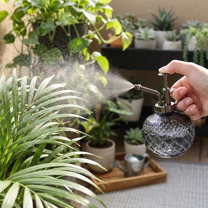 OFFIDIX Plant Mister, Vintage Glass Spray Bottle, Flower Mister 300ML Small Watering Can with Plastic Top Pump, Spray Bottle for Garden, Plants, Cleaning (Gray)